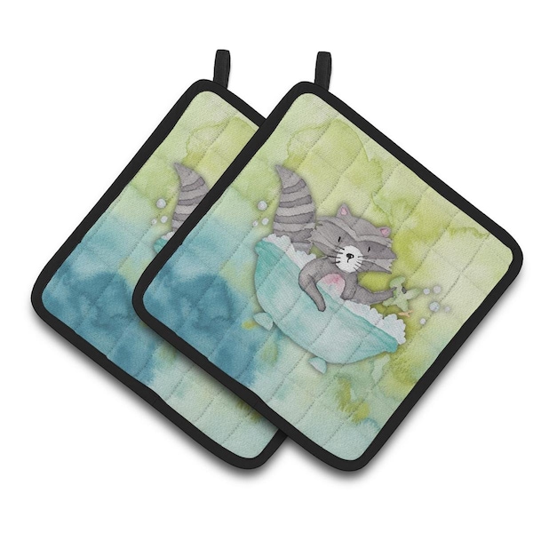 Carolines Treasures Raccoon Bathing Watercolor Pair of Pot Holders - BB7345PTHD