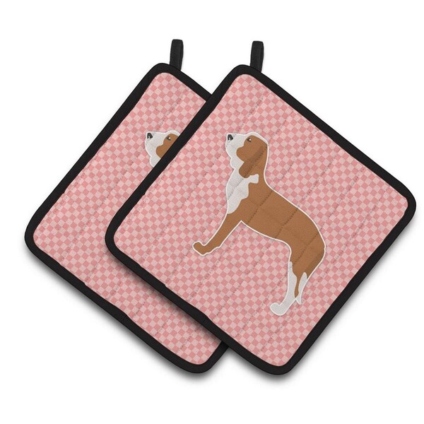 Carolines Treasures Spanish Hound Checkerboard Pink Pair of Pot Holders - BB3591PTHD