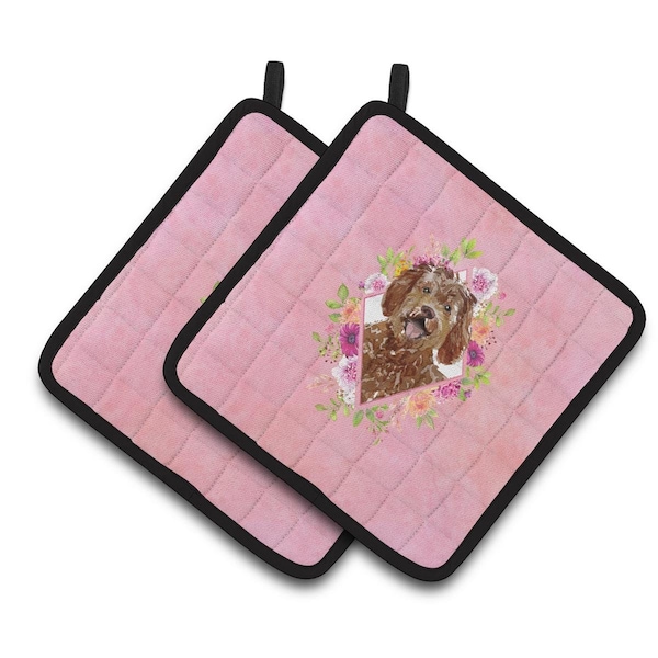 Carolines Treasures 7.5 x 7.5 in. Labradoodle Pink Flowers Pair of Pot Holders - CK4228PTHD