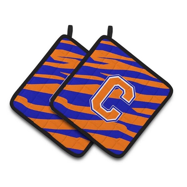 Carolines Treasures Monogram Initial C Tiger Stripe - Blue Orange Pair of Pot Holders, 7.5 x 3 x 7.5 in. - CJ1023-CPTHD