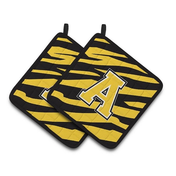 Carolines Treasures Letter A Monogram - Black Gold Tiger Stripe Pair of Pot Holders, 7.5 x 3 x 7.5 in. - CJ1026-APTHD