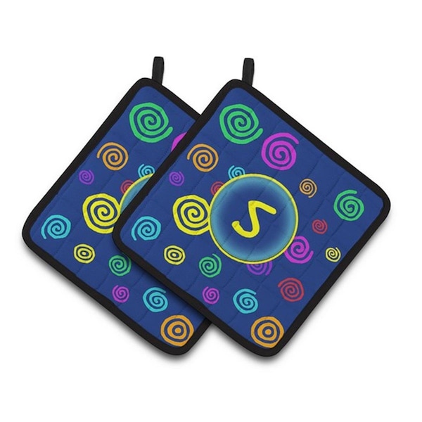 Carolines Treasures Letter S Initial Monogram - Blue Swirls Pair of Pot Holders, 7.5 x 3 x 7.5 in. - CJ1011-SPTHD