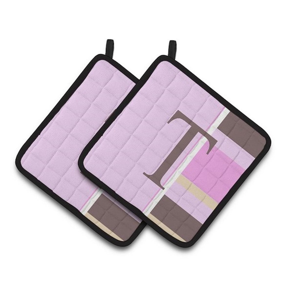Carolines Treasures Letter T Initial Monogram - Pink Stripes Pair of Pot Holders, 7.5 x 3 x 7.5 in. - CJ1005-TPTHD