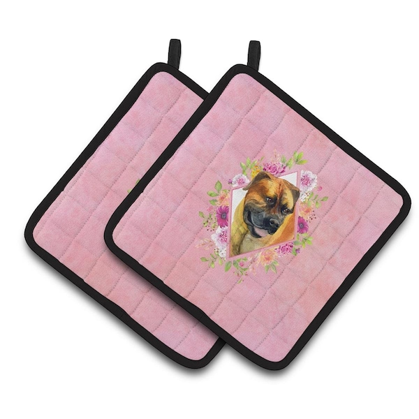 Carolines Treasures 7.5 x 7.5 in. Borboel Mastiff Pink Flowers Pair of Pot Holders - CK4121PTHD