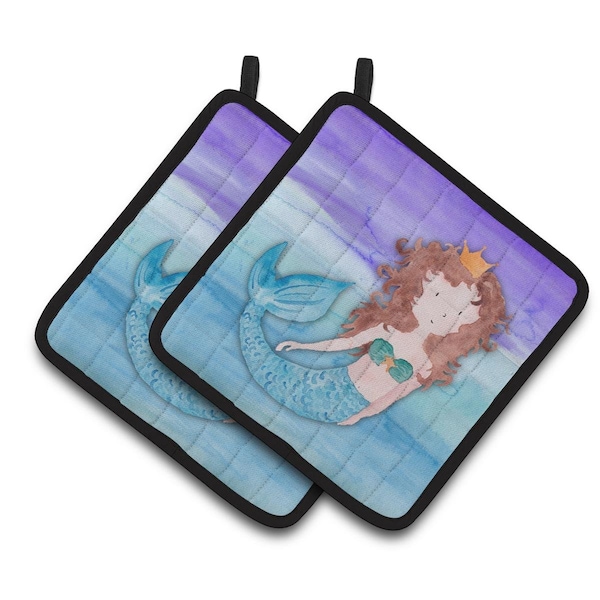 Carolines Treasures Brunette Mermaid Watercolor Pair of Pot Holders - BB7422PTHD