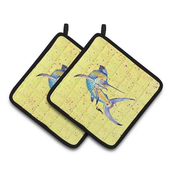 Carolines Treasures Blue Marlin on Yellow Pair of Pot Holders, 7.5 x 3 x 7.5 in. - 8533PTHD