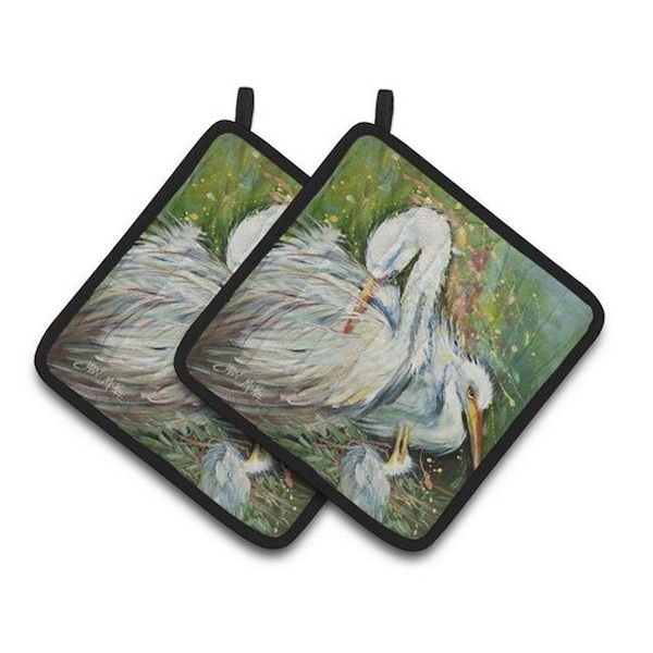 Carolines Treasures Carolines Treasures JMK1210PTHD White Egret in the rain Pair of Pot Holders; 7.5 x 3 x 7.5 in. - JMK1210PTHD