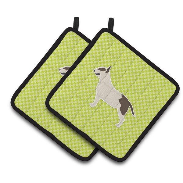 Carolines Treasures Bull Terrier Checkerboard Green Pair of Pot Holders - BB3878PTHD