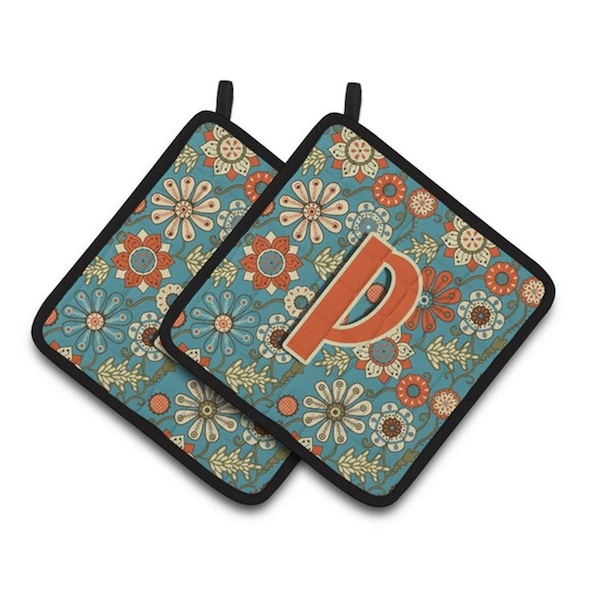 Carolines Treasures Letter P Flowers Retro Blue Pair of Pot Holders, 7.5 x 3 x 7.5 in. - CJ2012-PPTHD