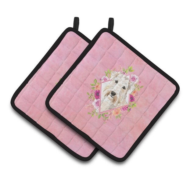 Carolines Treasures 7.5 x 7.5 in. Wheaten Terrier Pink Flowers Pair of Pot Holders - CK4202PTHD