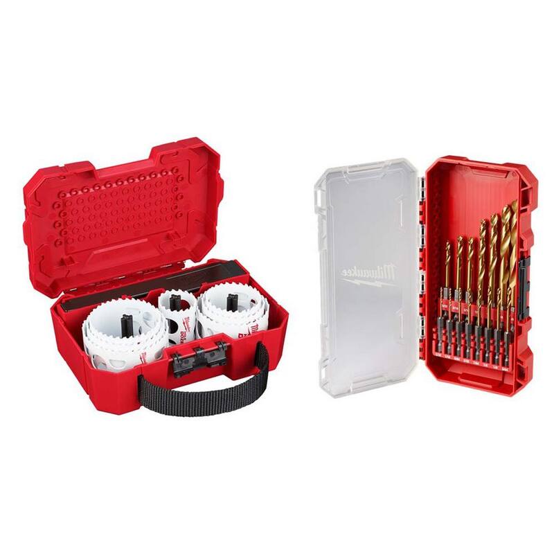 Juego de sierra de perforación bi-metálica Milwaukee Hole Dozer de propósito general (11 piezas) con juego de brocas de titanio SHOCKWAVE Impact-Duty (15 piezas) - 49-22-4020-48-89-4670.