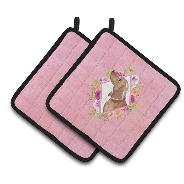 Carolines Treasures 7.5 x 7.5 in. Dachshund Pink Flowers Pair of Pot Holders - CK4207PTHD