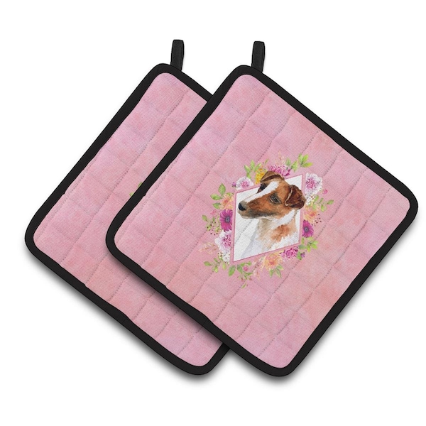 Carolines Treasures 7.5 x 7.5 in. Jack Russell Terrier Pink Flowers Pair of Pot Holders - CK4141PTHD