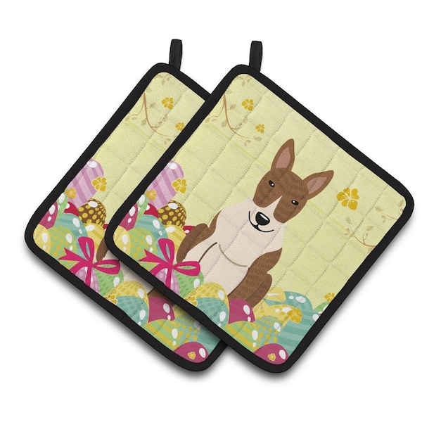 Carolines Treasures Easter Eggs Bull Terrier Brindle Pair of Pot Holders - BB6137PTHD