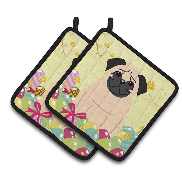 Carolines Treasures Easter Eggs Pug Fawn Pair of Pot Holders - BB6008PTHD