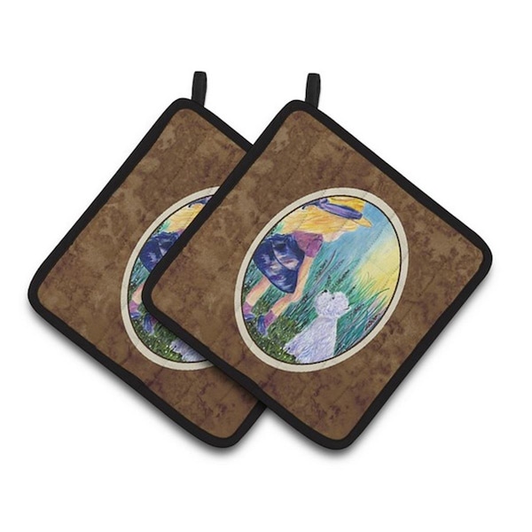 Carolines Treasures Little Girl with Westie Pair of Pot Holders, 7.5 x 3 x 7.5 in. - SS8351PTHD