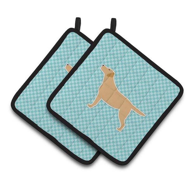 Carolines Treasures Yellow Labrador Retriever Checkerboard Blue Pair of Pot Holders - BB3697PTHD