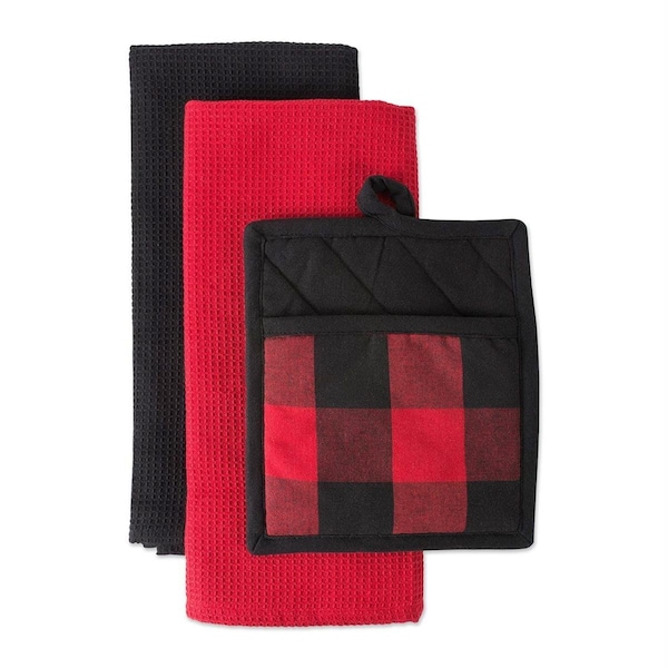 Fastfood Red Buffalo Check Potholder & Dish Towel Kitchen Set - FA2567308