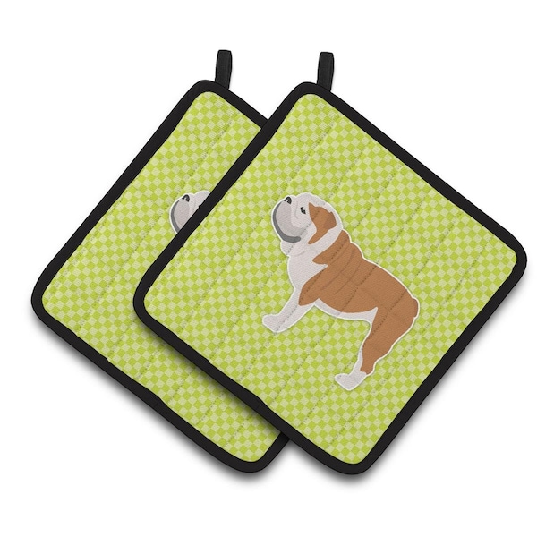 Carolines Treasures English Bulldog Checkerboard Green Pair of Pot Holders - BB3862PTHD