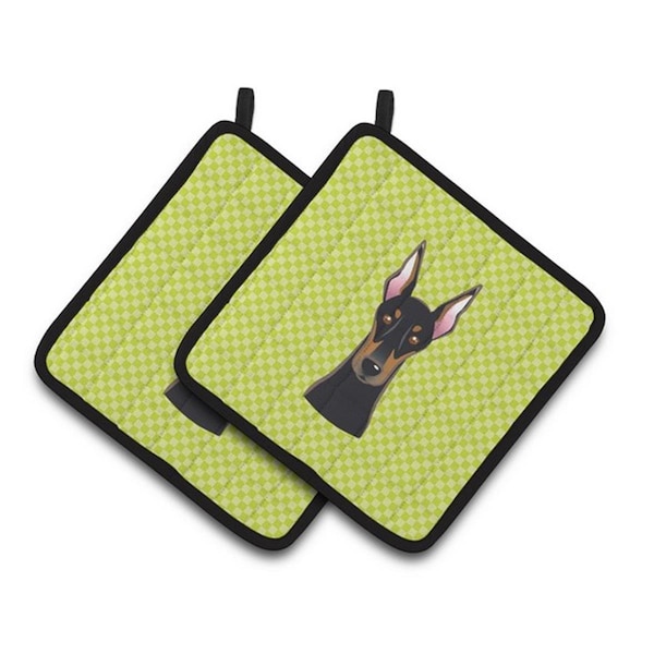 Carolines Treasures Checkerboard Lime Green Doberman Pair of Pot Holders, 7.5 x 3 x 7.5 in. - BB1307PTHD
