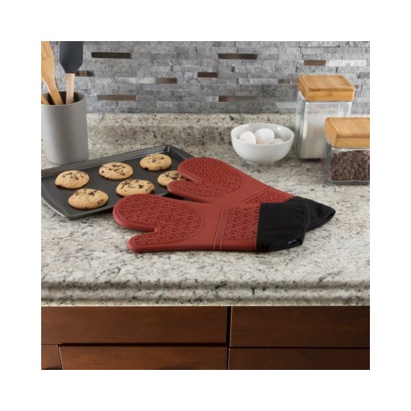 Hastings Home Silicone Oven Mitts, Quality Heat Resistant with Quilted Lining and 2-sided Grip, XL, Dark Red - 458598QPU