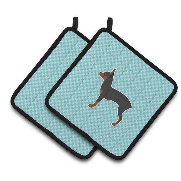 Carolines Treasures Toy Fox Terrier Checkerboard Blue Pair of Pot Holders - BB3687PTHD