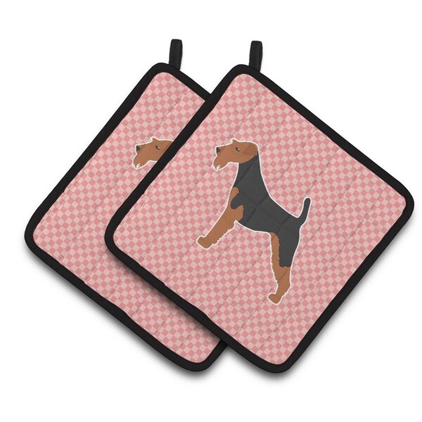 Carolines Treasures Airedale Terrier Checkerboard Pink Pair of Pot Holders - BB3657PTHD