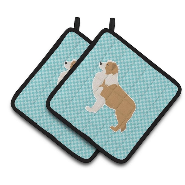 Carolines Treasures Red Border Collie Checkerboard Blue Pair of Pot Holders - BB3722PTHD