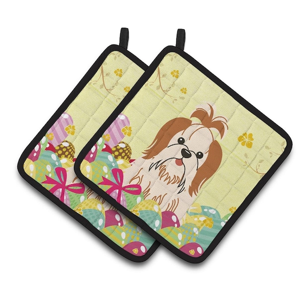 Carolines Treasures Easter Eggs Shih Tzu Red White Pair of Pot Holders - BB6087PTHD