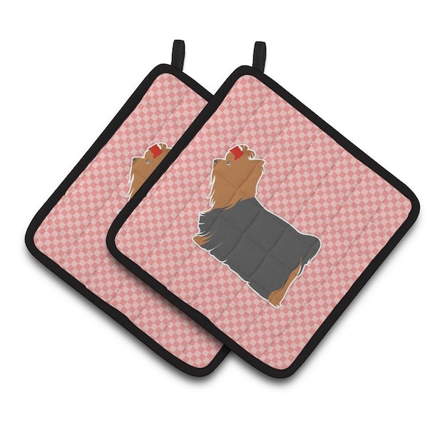 Carolines Treasures Yorkshire Terrier Yorkie Checkerboard Pink Pair of Pot Holders - BB3634PTHD