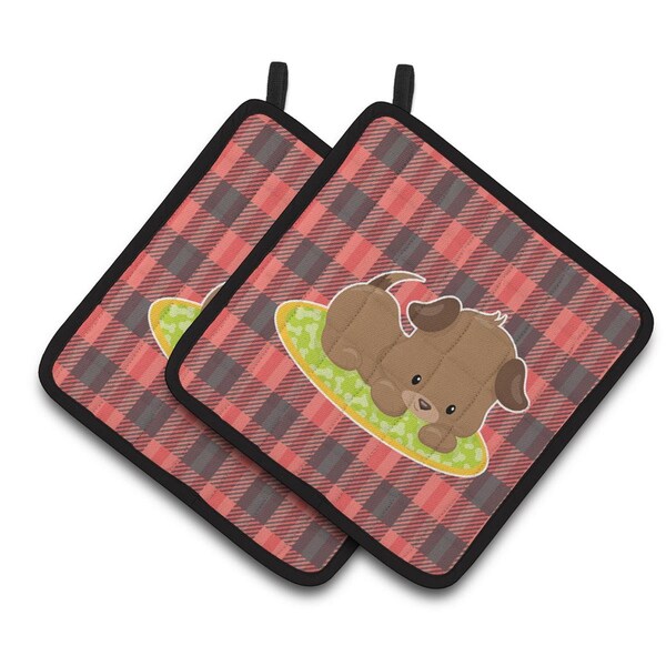 Carolines Treasures Puppy on Black Red Gingham Pair of Pot Holders - BB7072PTHD