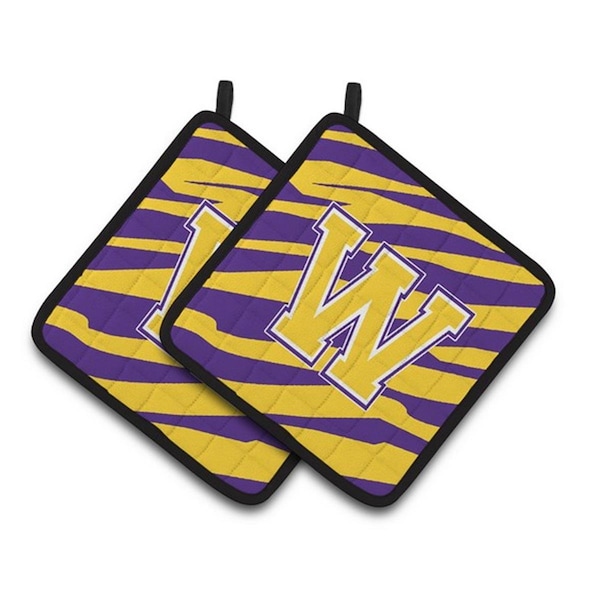 Carolines Treasures Letter W Monogram - Tiger Stripe - Purple Gold Pair of Pot Holders, 7.5 x 3 x 7.5 in. - CJ1022-WPTHD