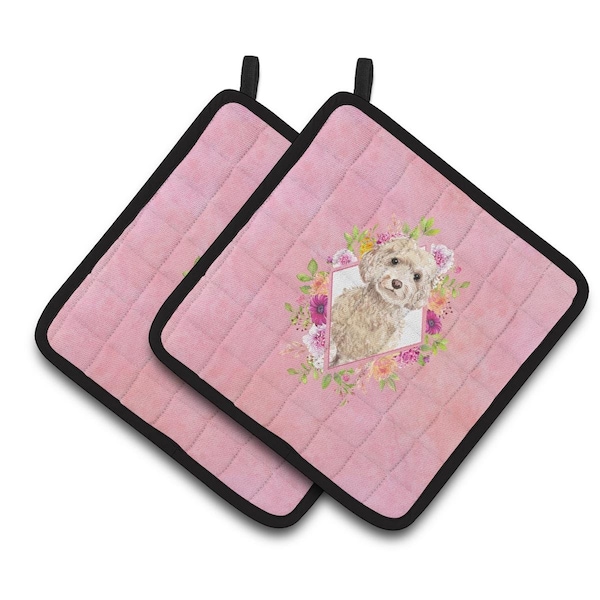 Carolines Treasures 7.5 x 7.5 in. Champagne Cockapoo Pink Flowers Pair of Pot Holders - CK4246PTHD