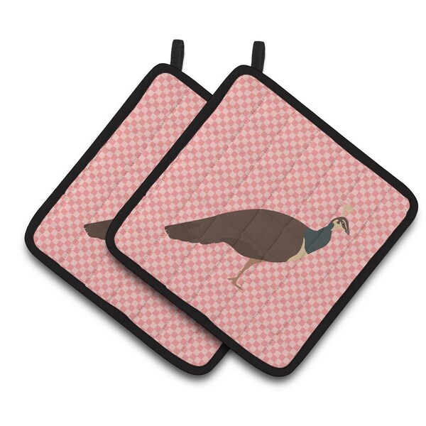 Carolines Treasures Indian Peahen Peafowl Pink Check Pair of Pot Holders - BB7927PTHD