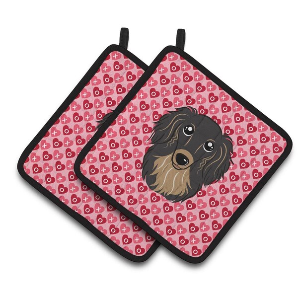 Carolines Treasures Longhair Black & Tan Dachshund Hearts Pair of Pot Holders - BB5283PTHD