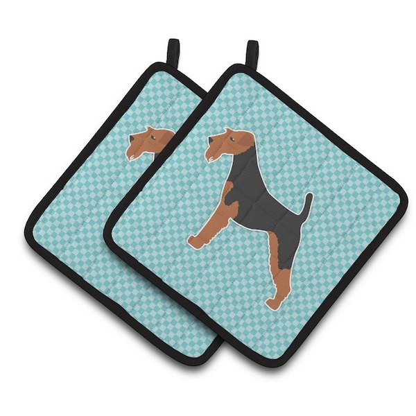 Carolines Treasures Welsh Terrier Checkerboard Blue Pair of Pot Holders - BB3685PTHD