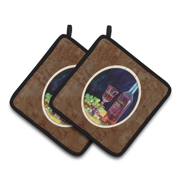 Carolines Treasures Red Wine Bottle & Glass Pair of Pot Holders - 7185PTHD