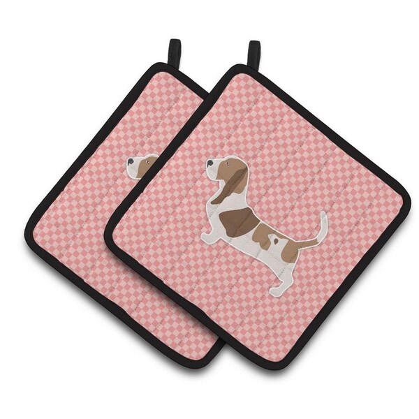 Carolines Treasures Basset Hound Checkerboard Pink Pair of Pot Holders - BB3602PTHD