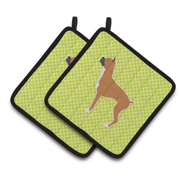 Carolines Treasures Boxer Checkerboard Green Pair of Pot Holders - BB3853PTHD