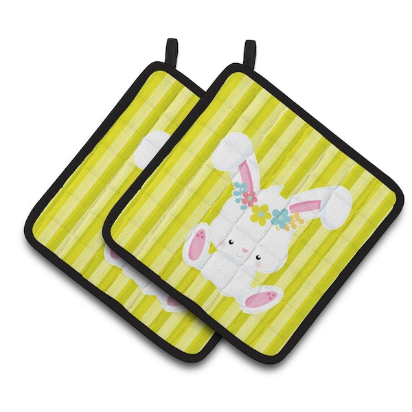 Carolines Treasures Easter White Rabbit With Flowers Pair of Pot Holders - BB7093PTHD