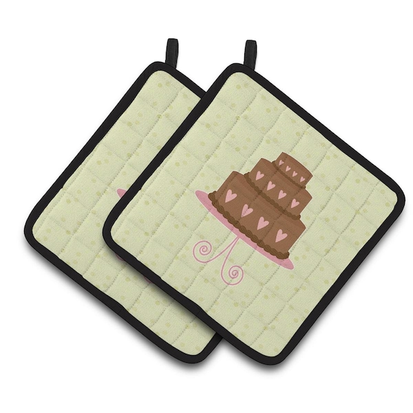 Carolines Treasures Heart Chocolate Cake on Green Pair of Pot Holders - BB7303PTHD
