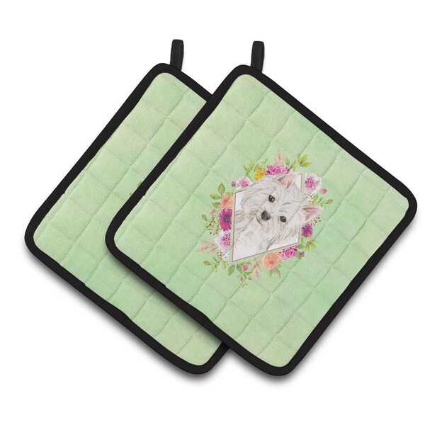 Carolines Treasures 7.5 x 7.5 in. Westie Green Flowers Pair of Pot Holders - CK4363PTHD