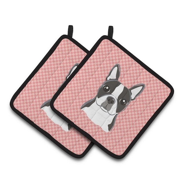 Carolines Treasures Checkerboard Pink Boston Terrier Pair of Pot Holders, 7.5 x 3 x 7.5 in. - BB1203PTHD