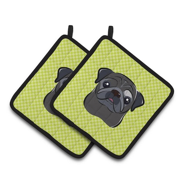 Carolines Treasures Checkerboard Lime Green Black Pug Pair of Pot Holders, 7.5 x 3 x 7.5 in. - BB1325PTHD