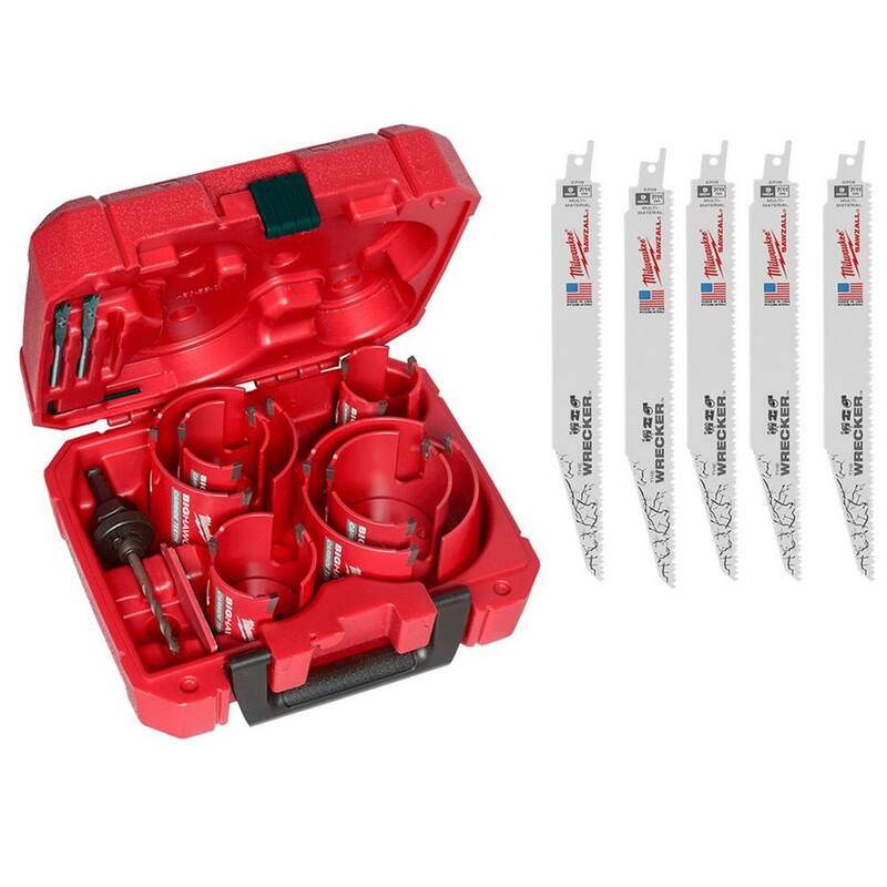 Kit de sierra de perforación de carburo Milwaukee BIG HAWG (10 piezas) con hojas de sierra recíproca Wrecker para materiales múltiples (5 piezas) de 9 pulgadas con 7/11 TPI - 49-56-9290-48-00-5706