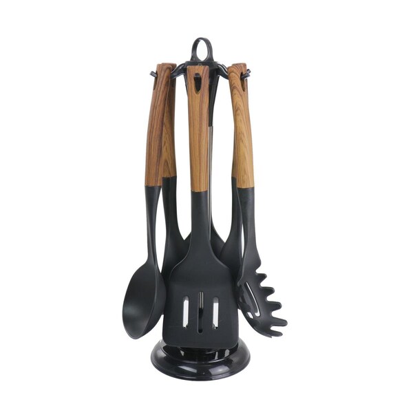 Megachef Black Nylon Cooking Utensils with Wood Design - Set of 7 - MGNP-711