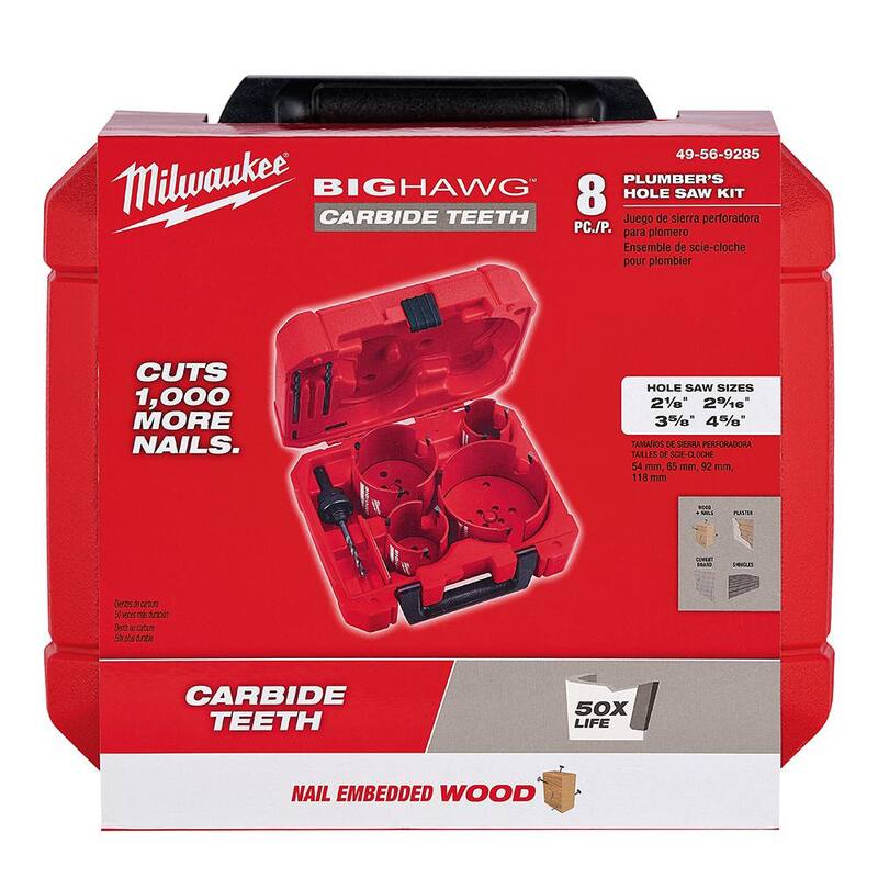 Estuche de sierra de perforación de carburo BIG HAWG de Milwaukee con juego de brocas autoperforantes SWITCHBLADE Plumbers (13 piezas) - 49-56-9285-49-22-5100