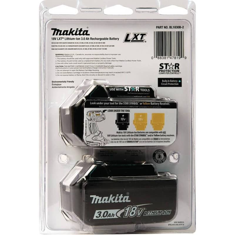 Paquete de baterías de alta capacidad de iones de litio de 18V LXT Makita 3.0Ah con medidor de combustible (paquete de 2) - BL1830B-2