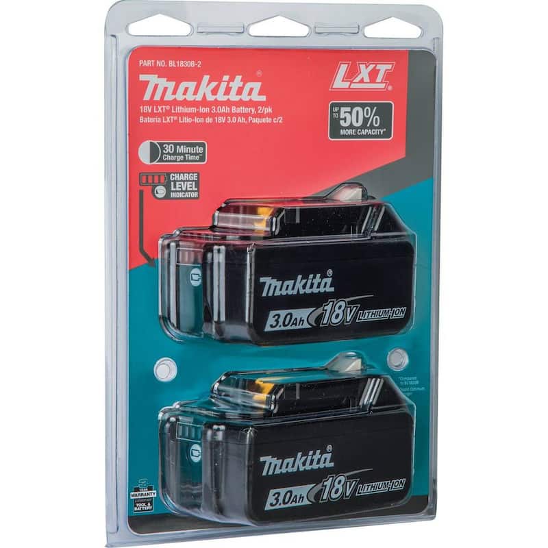 Paquete de baterías de alta capacidad de iones de litio de 18V LXT Makita 3.0Ah con medidor de combustible (paquete de 2) - BL1830B-2