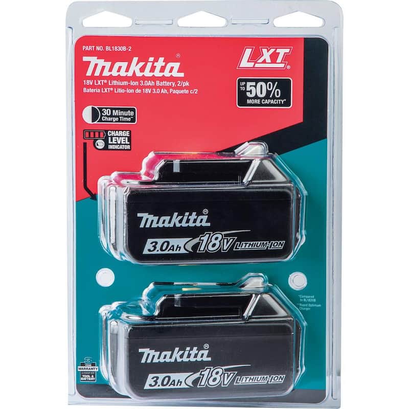 Paquete de baterías de alta capacidad de iones de litio de 18V LXT Makita 3.0Ah con medidor de combustible (paquete de 2) - BL1830B-2